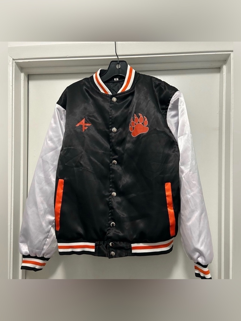 Cheer Bomber Jacket in Black/ White Orange size Medium Like New
